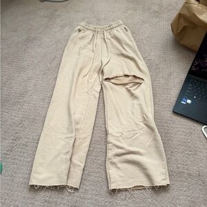 Beige Casual Pants with Distressed Detail